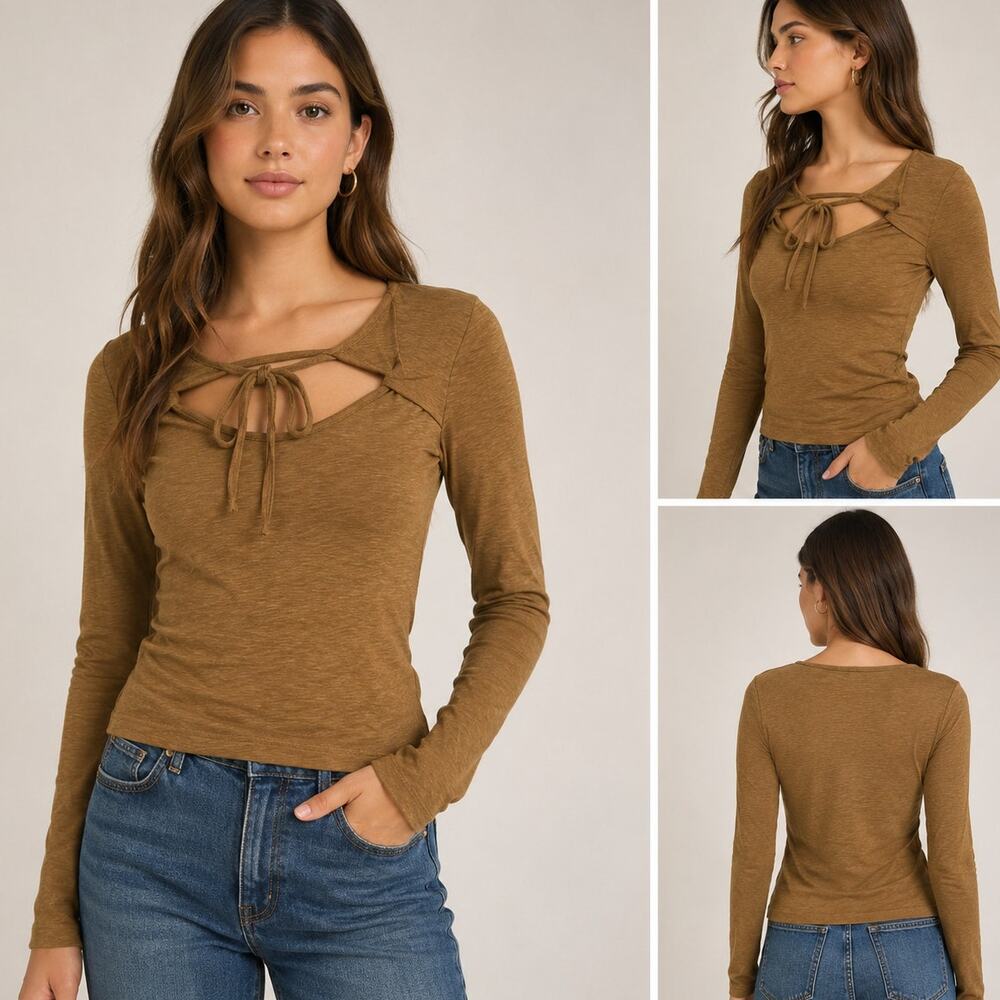 Free People Keyhole Neck Top XS Nutmeg Brown Long Sleeve Earthy Neutral Minimal